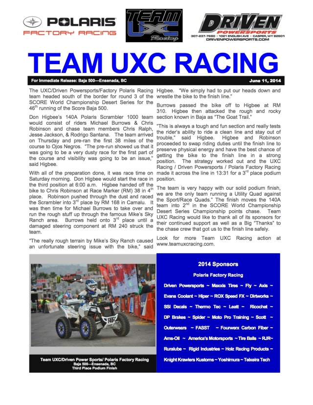 Team UXC Racing Baja-500 Results